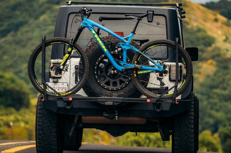 Hollywood Racks CrossTrack bike rack mounted to a Jeep Wrangler.