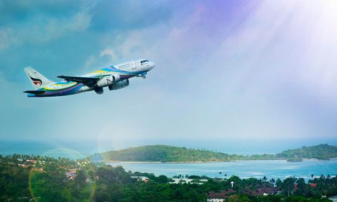 Plane taking off with ocean in the background