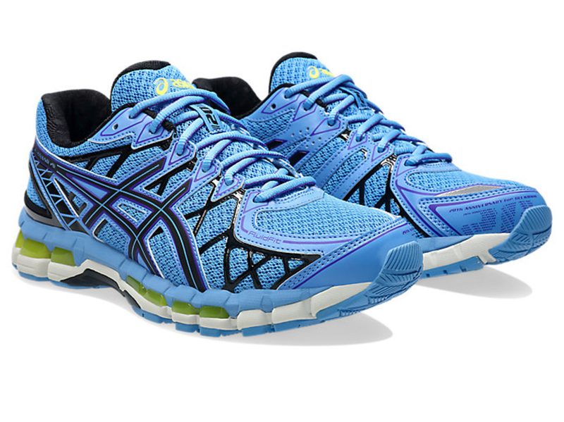 view of two blue asics sneakers