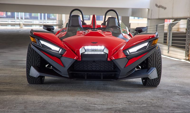 2025 Polaris Slingshot S parked in a garage direct frontal view.