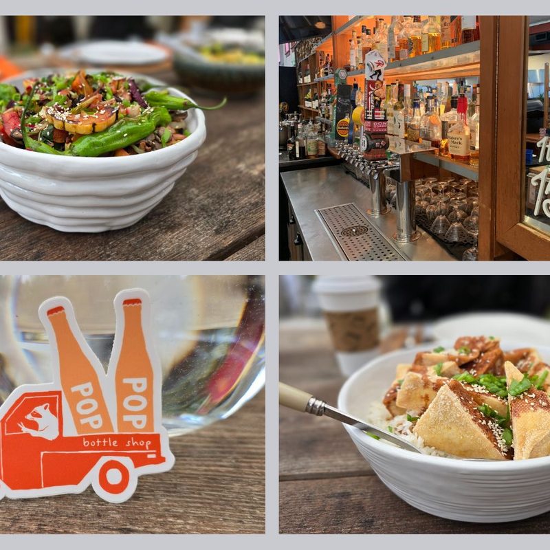 Two meals from Pop Pop Bottle Shop, a sticker from the company, and the bar at the hardware store restaurant