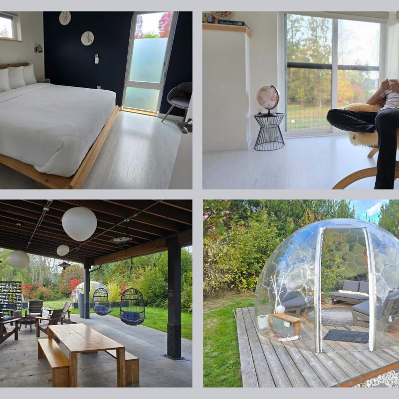 Four images featuring rooms and outdoor areas at The Lodges on Vashon