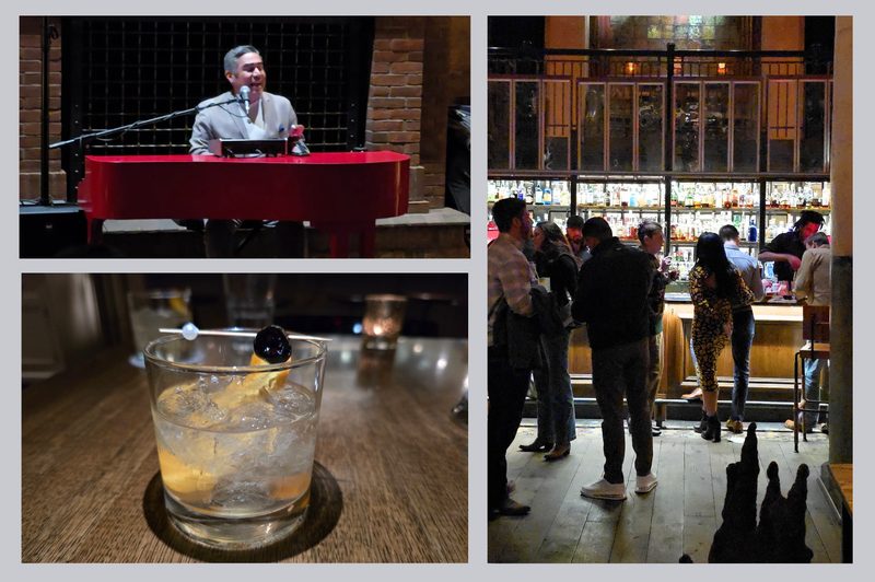 The Sternewirth bar and lounge featuring a cocktail and pianist