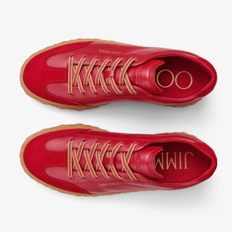 overhead view of red sneakers