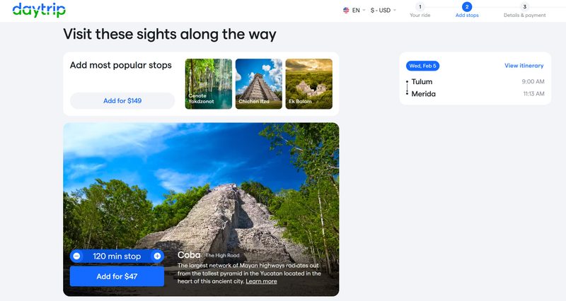 screenshot of the Daytrip booking experience