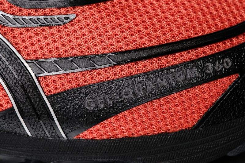 close up on gel quantum 360 shoe in red and black asics