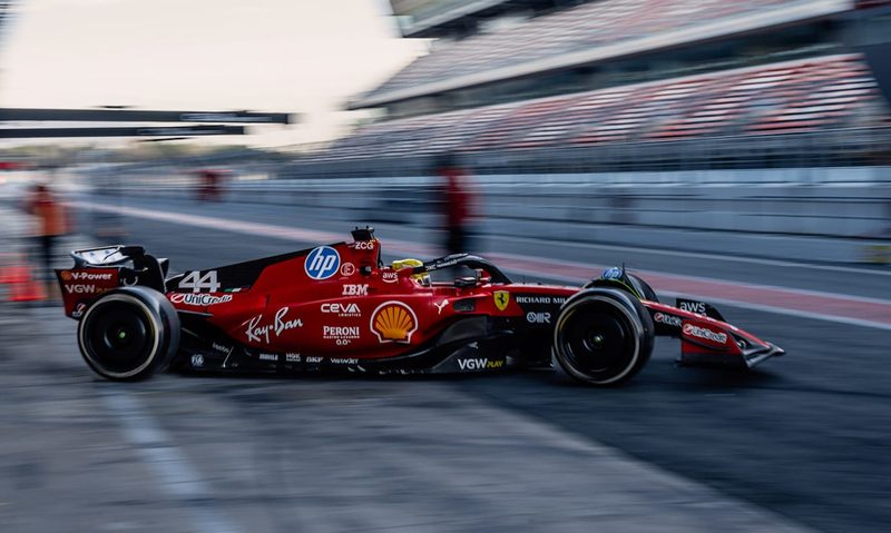 Lewis Hamilton driving a Ferrari F1 car for the first time.