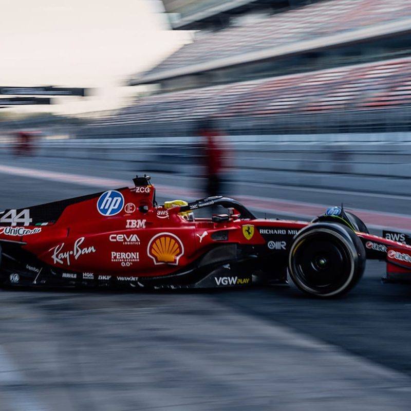 Lewis Hamilton driving a Ferrari F1 car for the first time.