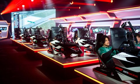 Racing studio setup for F1 Sim World Championship race.