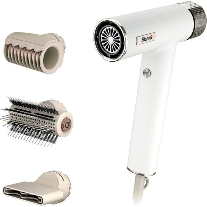 A Shark blow dryer with three accessories that are included