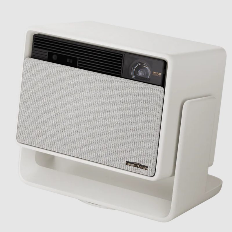 XGIMI projector at an angle, showing the cover as well as the lens
