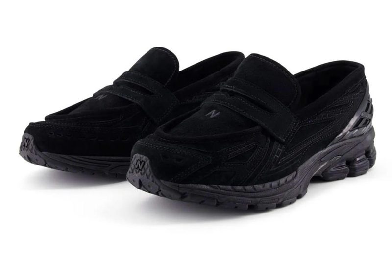 black suede new balance loafer