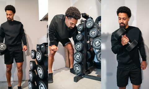 Khalil Shakir lifting Ritfit dumbbells.