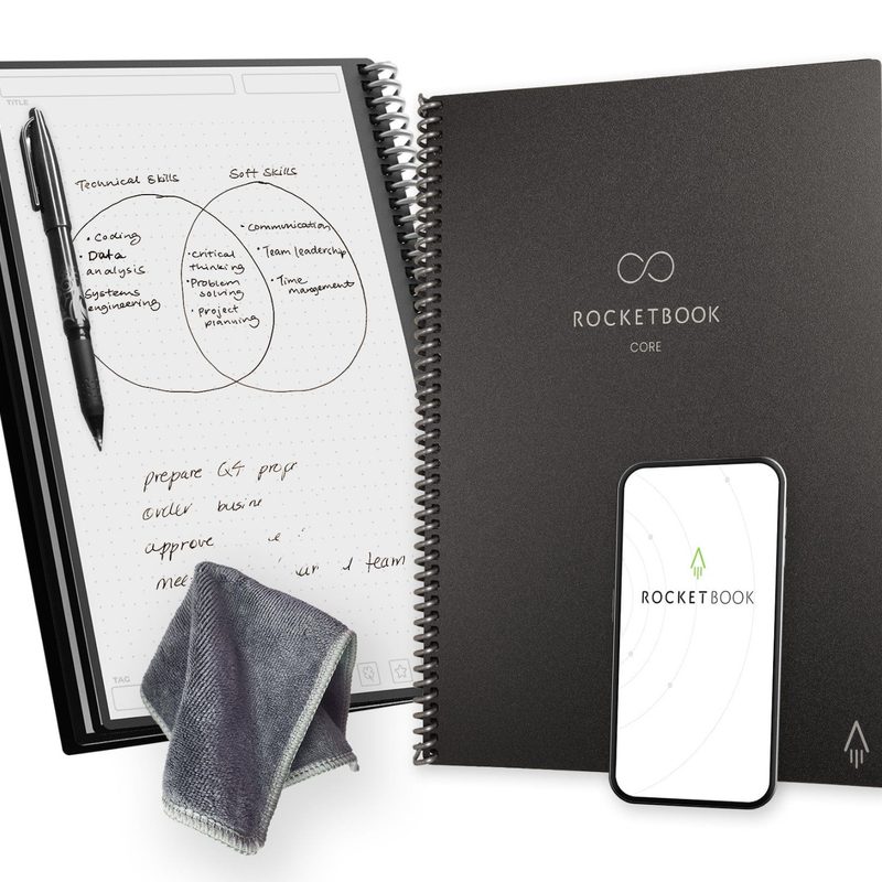 A Rocketbook, pen, towel, and phone with an app