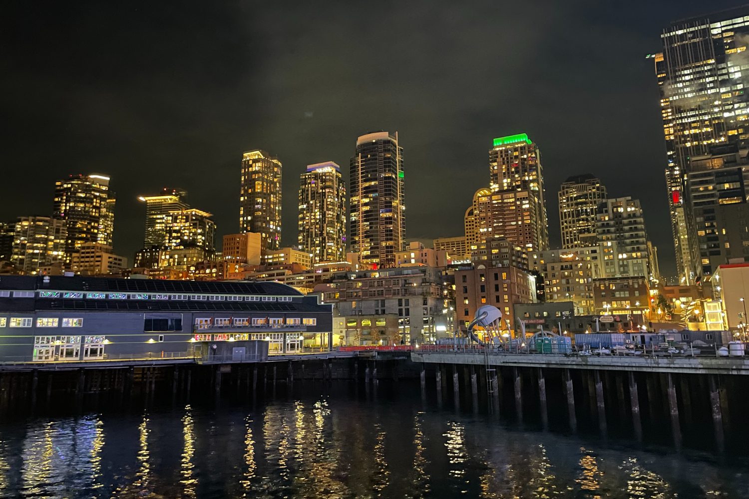 Seattle waterfront at night.
