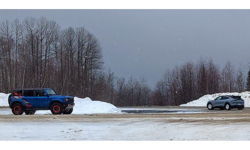 Bronco Raptor and Mustang Mach-E Rally on the Team O'Neil skid pad.