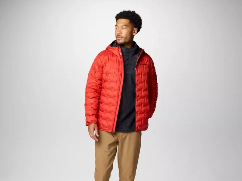 A model wearing the Columbia Men's Delta Ridge II Down Hooded Jacket.
