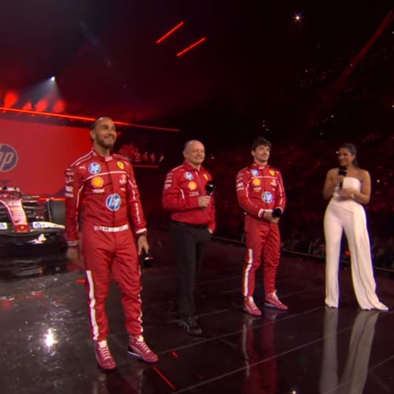 F1 75 Live - Ferrari drivers Lewis Hamilton and Charles Leclerc with Team Principal and Ariana Bravo.