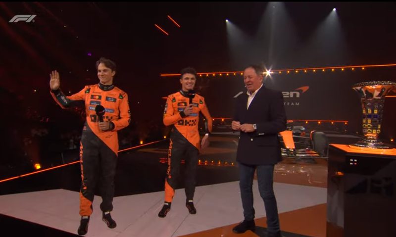 F1 75 Live - McLaren's drivers Oscar Piasrti and Lando Norris and former F1 driver, presenter Martin Brundle.