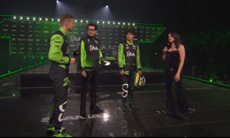 F1 75 Live - Stake Kick Sauber 2025 drivers Nico Hulkenberg and Gabriel Bortoleto with Team Principal Mattia Binotto and Laura Winter.