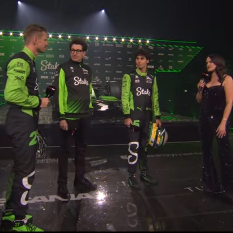 F1 75 Live - Stake Kick Sauber 2025 drivers Nico Hulkenberg and Gabriel Bortoleto with Team Principal Mattia Binotto and Laura Winter.
