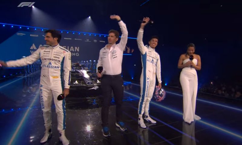 F1 75 Live - Williams drivers Carlos Sainz and Alex Albon with Team Principal James Vowles and presenter Ariana Bravo.