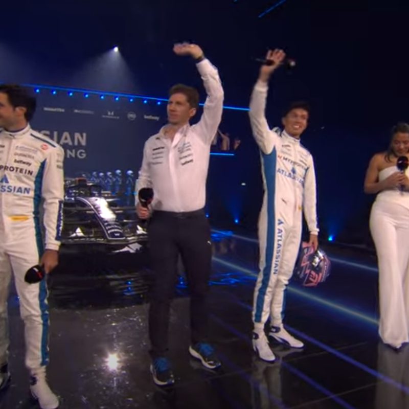 F1 75 Live - Williams drivers Carlos Sainz and Alex Albon with Team Principal James Vowles and presenter Ariana Bravo.