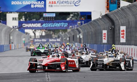Formula E race cars on the track at Sao Paulo E-Prix.