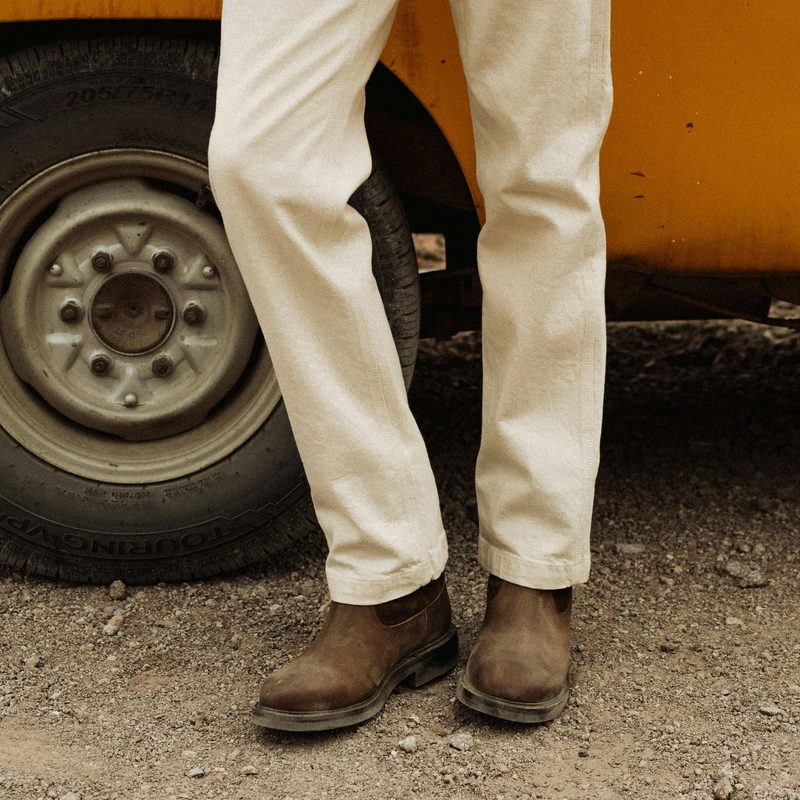 man standing next to truck in boots