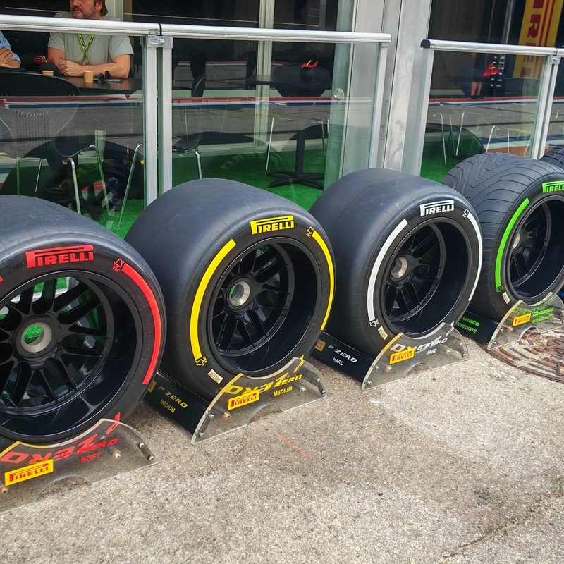 F1 tires on display in the paddock. Soft, medium, hard, intermediate and full wet compounds with coloring