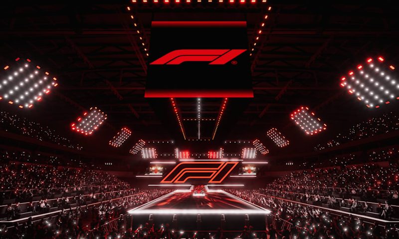 Inside a rendering of the F1 launch event at the O2 Arena with a direct view of the runway.