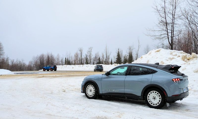 Mustang Mach-E Rally waiting for the Bronco Raptor and Explorer ST to clear the skid pad at Team O'Neil.