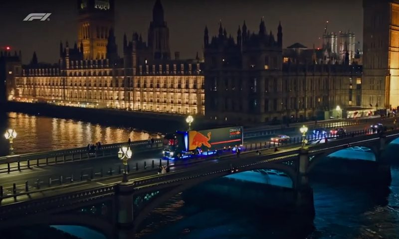 An Oracle Red Bull truck carrying 2025 Red Bull Racing F1 car with new livery to the O2 Arena.