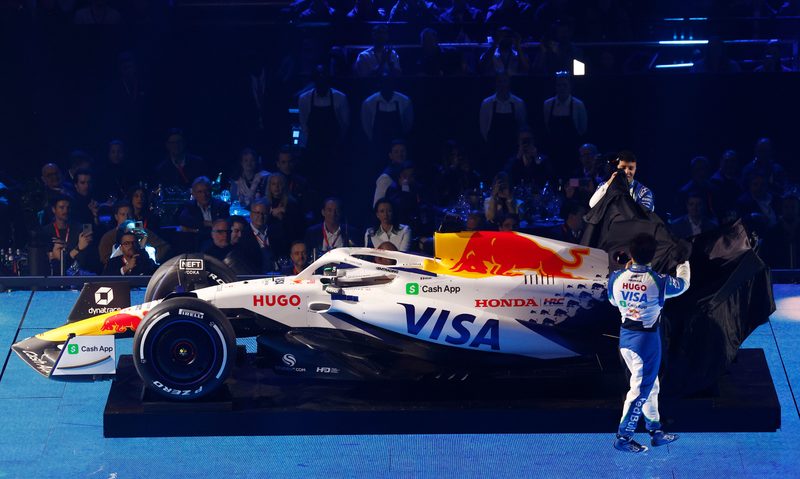 Racing Bulls drivers Yuki Tsunoda and Isack Hadjar unveiling the VCARB 02 at the F1 75 Live F1 season launch event at the O2 Arena.