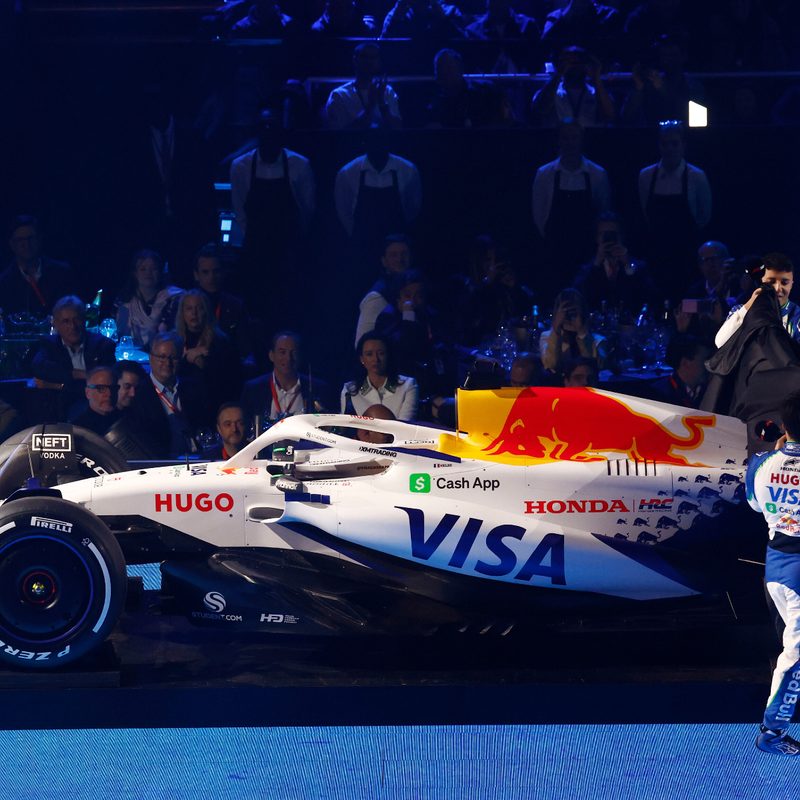Racing Bulls drivers Yuki Tsunoda and Isack Hadjar unveiling the VCARB 02 at the F1 75 Live F1 season launch event at the O2 Arena.