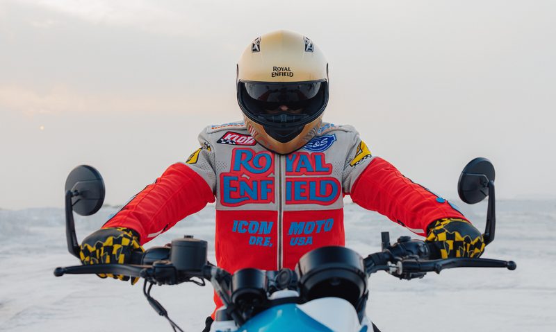 Royal Enfield Shotgun 650 limited edition direct frontal view of rider on the bike wearing the special edition jacket.