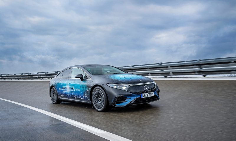 Testing a solid state battery on a race track with Mercedes AMG right front three-quarter view.