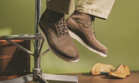 model wearing suede lace up shoes