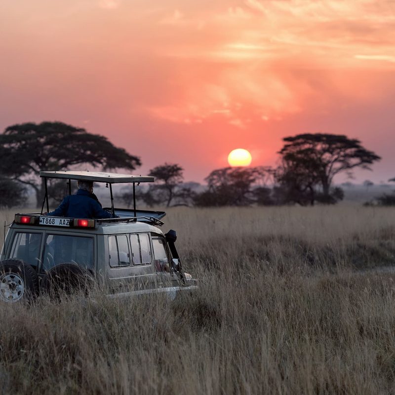 Man riding in a car during sunset