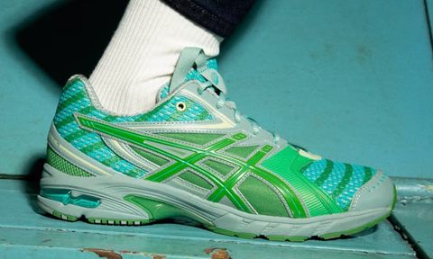 green and blue asics sneaker
