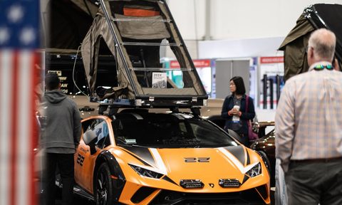 Inspired Overland Stargazer rooftop tent mounted to a Lamborghini at SEMA 2024.