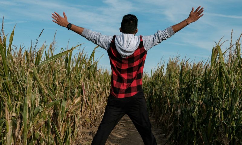 man doing jumping jack in field