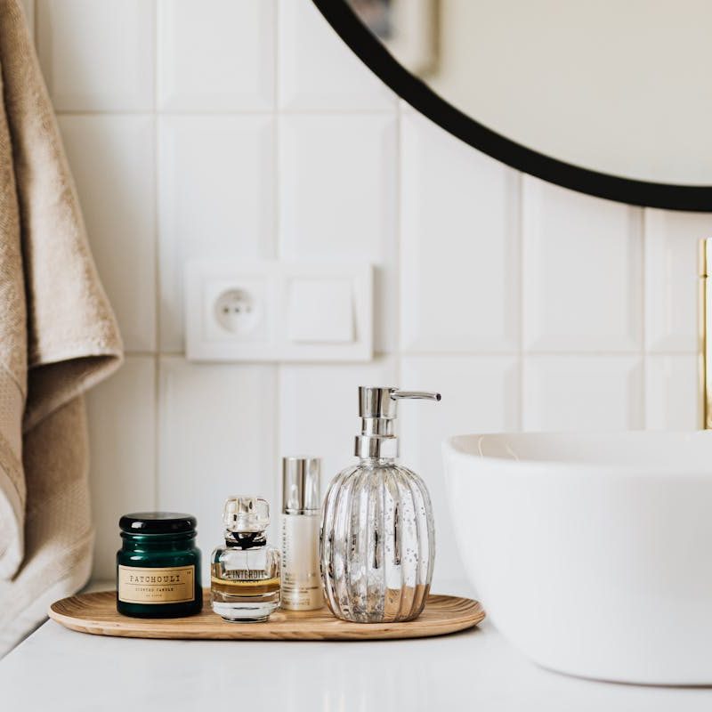 Skin products on a vanity