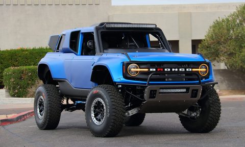 Front view of a rare, blue 2023 Front Bronco Desert Racer truck.