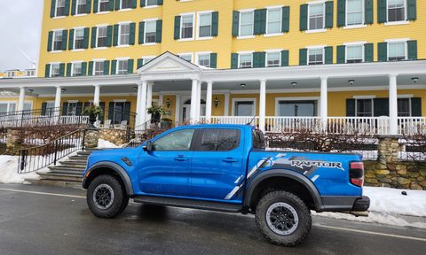 2024 Ford Ranger Raptor parked in front of the Mountain View Grand Resort and Spa.