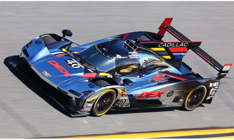 2025 Cadillac V-Series R race care running at Daytona on track elevated view of left side.