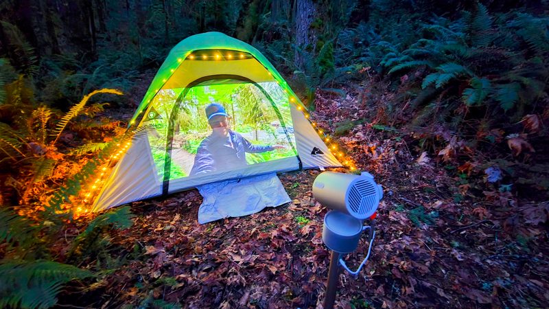 XGIMI projector on a tent with party lights
