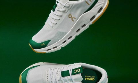 On sneaker on green background