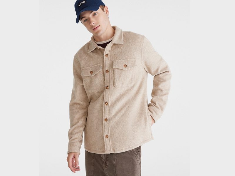 A model wearing the Aeropostale Unlined Heavyweight Flannel Shacket.