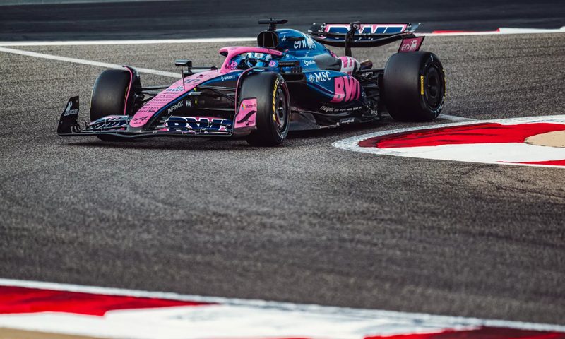 BWT Alpine F1 driver on the track in Bahrain during pre-season testing.